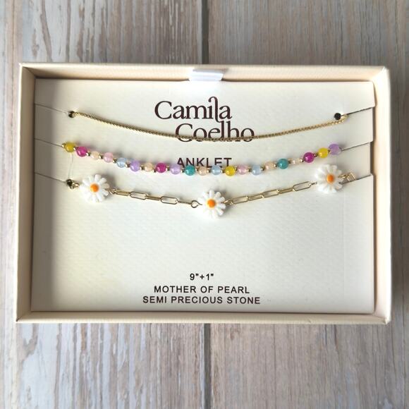Camila Coelho Jewelry - Camila Coelho 3-Piece Anklet Set Daisy Gold Chain Beaded Multicolor NIB